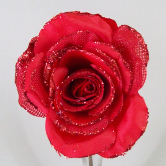 Silk and Hessian Glitter Roses Red 37cm Christmas Flowers